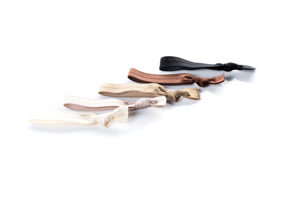 Nudes - InStyler All Tied Up Hair Ties-Five ties in silk, caramel, toffee, chestnut and noir. Laid on side on white background.