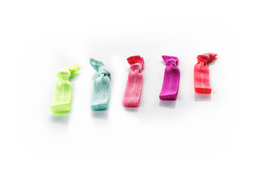 Brights - InStyler All Tied Up Hair Ties-Five ties in in coral, watermelon, sky, hot pink and citron. Laid on white background.